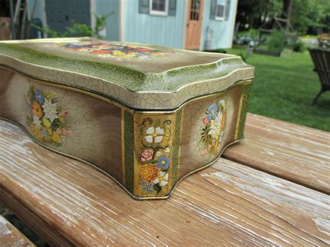 odm metal box with hinged lid|Vintage embossed metal box / blue flower hinged lid / Marked .